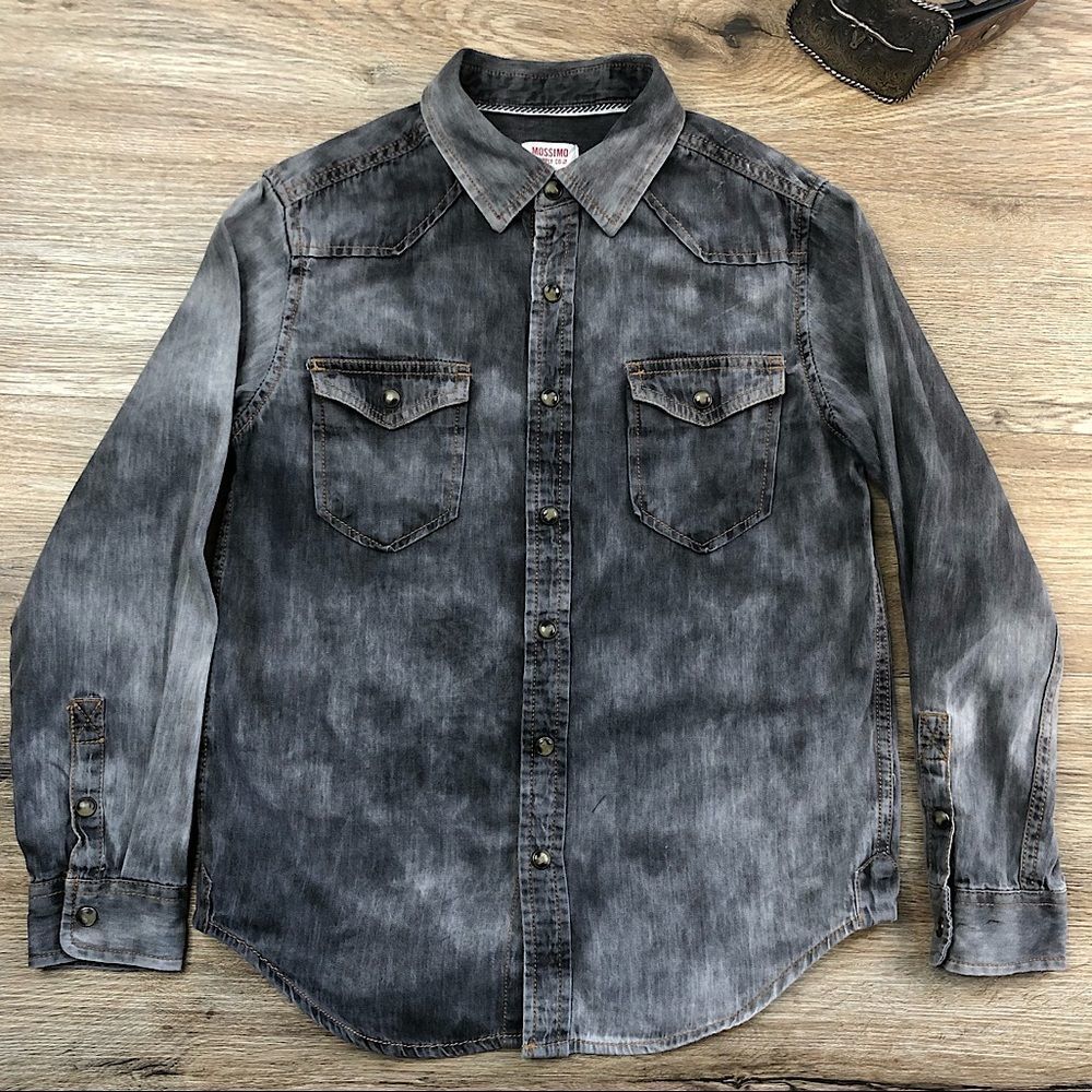 Boy’s Mossimo Stonewash Gray Pearlsnap Western Shirt sz 8/10